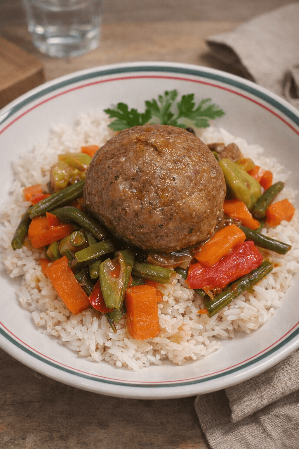 Riz et sauté de légumes avec les boulettes calabraises de Stefano
